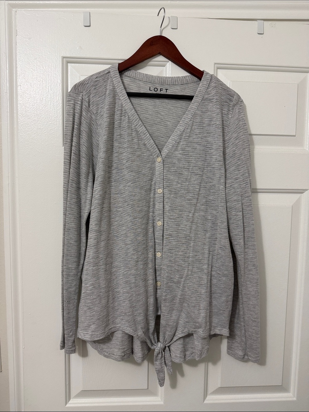 LOFT Light Gray Button-Front Tie-Hem Top